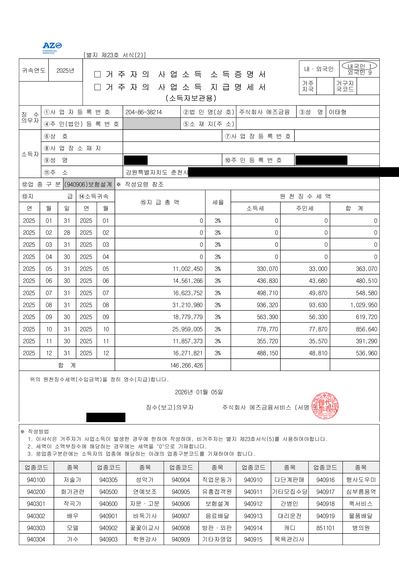 2025년 거주자 사업소득 소득증명서 (개인정보 마스킹)